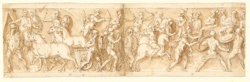 Marcus Aurelius ankommer til slaget, mens tropperne nedkæmper et sarmatisk angreb; sarmaterne beder om nåde Wall Art by Giovanni Guerra - High-Resolution Digital Print