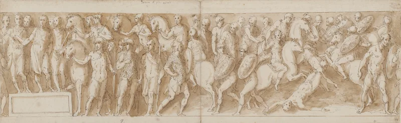 Marcus Aurelius modtager besked om kvindernes tilfangetagelse; Marcus Aurelius afslutter en march; en germansk høvding føres bort; høvdingens sidste mænd falder Wall Art by Giovanni Guerra - High-Resolution Digital Print