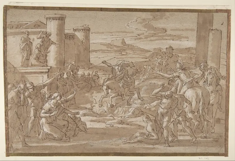 Marcus Curtius Leaping into the Chasm (recto); Study of a Seated Crowned Female Figure (verso) Wall Art by Luigi Garzi - High-Resolution Digital Print