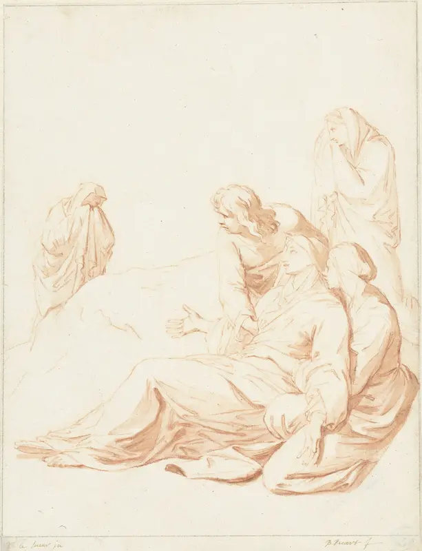 Maria bezwijmt en wordt ondersteund door Johannes de Evangelist en een vrouw Wall Art by Bernard Picart - High-Resolution Digital Print