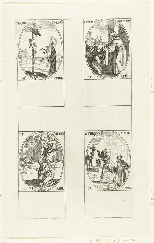 Maria bij het kruis, Heilige Stephanus Harding, Heilige Apollonius de Apologeet, Heilige Timon van Korinte (16-19 april) Wall Art by Jacques Callot - High-Resolution Digital Print