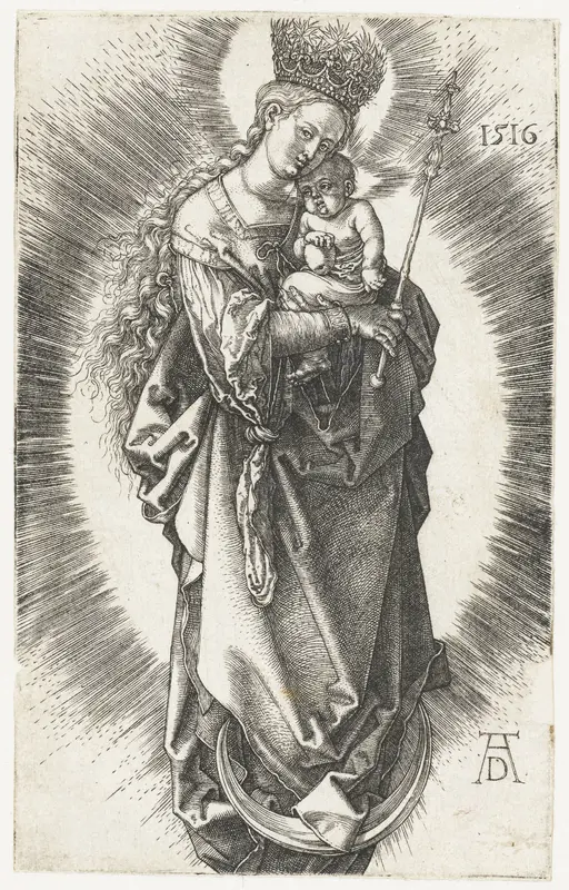 Maria, een sterrenkroon op het hoofd en een scepter in de hand, met kind op de maansikkel Wall Art by Unknown - High-Resolution Digital Print