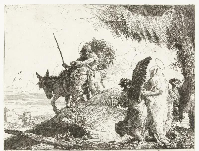 Maria en Jozef met twee engelen tijdens de vlucht naar Egypte Wall Art by Unknown - High-Resolution Digital Print
