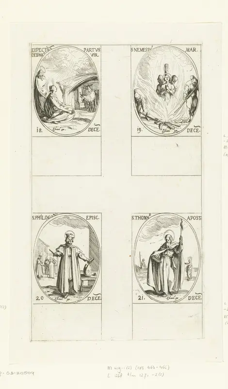 Maria en Jozef wachten op de geboorte van het Christuskind, Heilige Nemesius van Alexandrië, Heilige Philogonius van Antiochië, Heilige Thomas (18-21 december) Wall Art by Jacques Callot - High-Resolution Digital Print