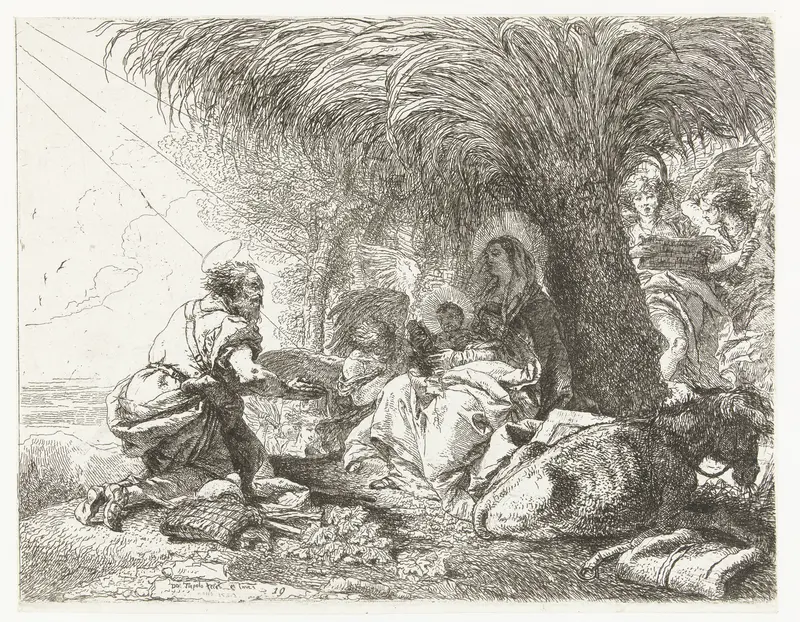 Maria en Kind zitten onder palmboom en Jozef knielt in aanbidding tijdens vlucht naar Egypte Wall Art by Unknown - High-Resolution Digital Print