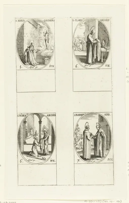 Maria Gaudiorum, Heilige Claudius van Besançon, Heilige Norbertus van Magdeburg, Heilige Robertus van Newminster (5-7 juni) Wall Art by Jacques Callot - High-Resolution Digital Print