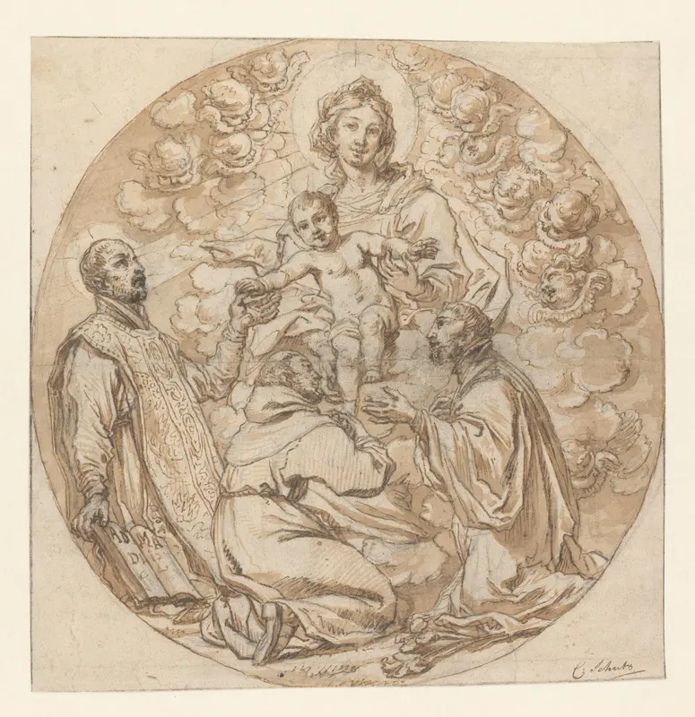 Maria met kind aanbeden door H. Ignatius van Loyola, H. Franciscus Xaverius en heilige monnik Wall Art by Cornelis Schut (I) - High-Resolution Digital Print