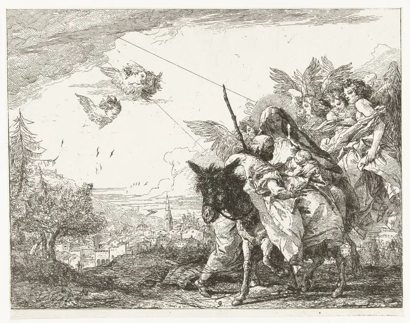 Maria met Kind en Jozef in aanbidding omringd door engelen tijdens vlucht naar Egypte Wall Art by Unknown - High-Resolution Digital Print