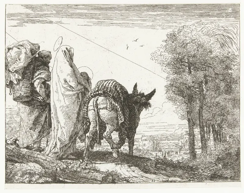Maria met Kind en Jozef met mand op rug lopen te voet naast ezel tijdens vlucht naar Egypte Wall Art by Unknown - High-Resolution Digital Print