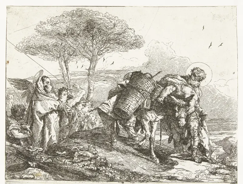 Maria met Kind geholpen door engelen volgen Jozef met bepakte ezel Wall Art by Unknown - High-Resolution Digital Print