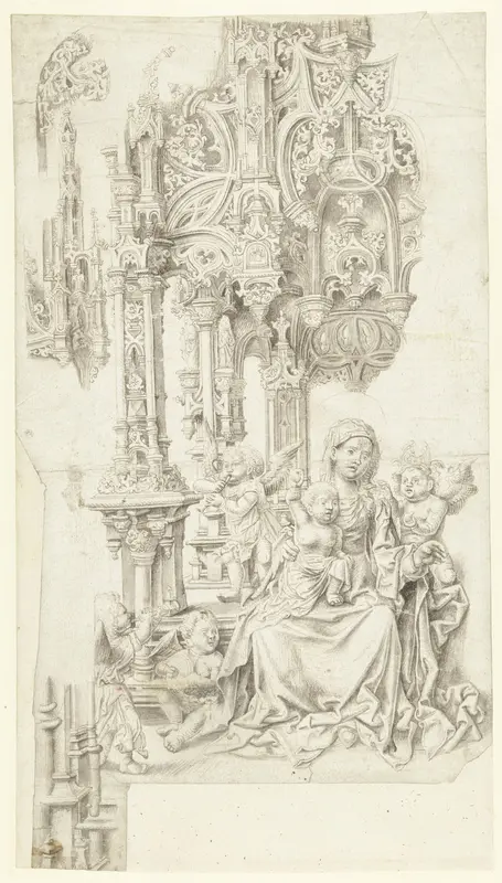 Maria met kind gezeten op een troon omringd door musicerende engelen Wall Art by Unknown - High-Resolution Digital Print
