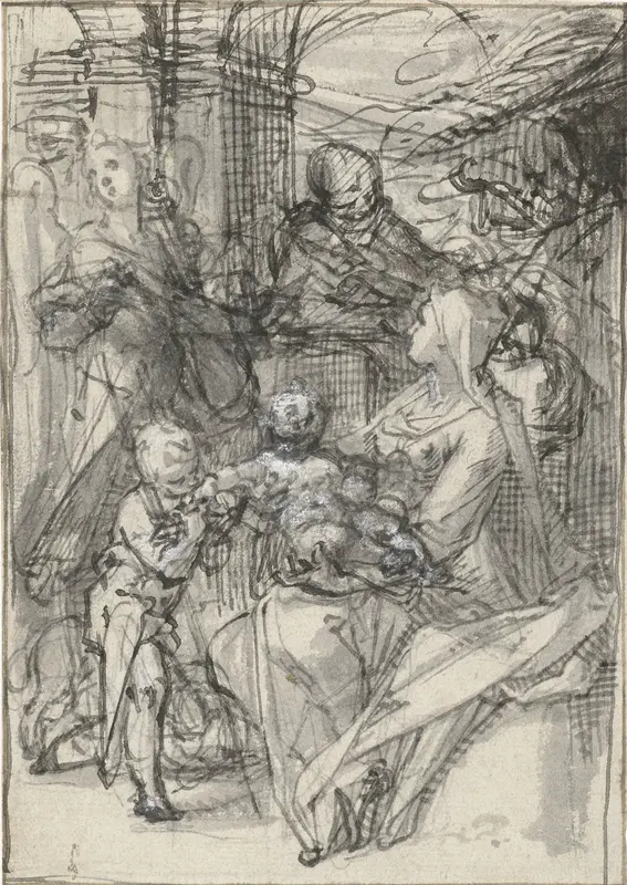Maria met kind, Johannes de Doper en een engel die viool speelt Wall Art by Unknown - High-Resolution Digital Print