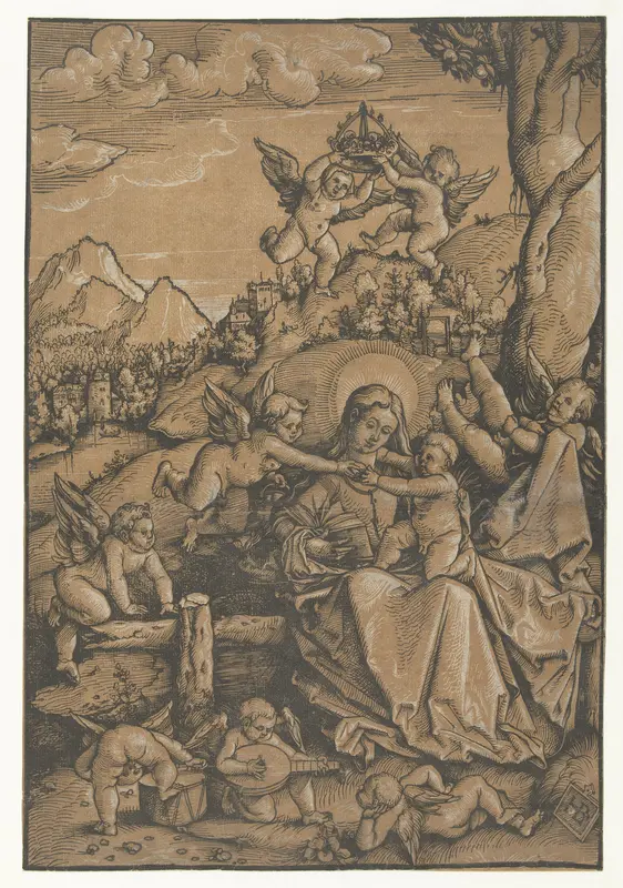 Maria met kind met acht engeltjes in een landschap Wall Art by Unknown - High-Resolution Digital Print