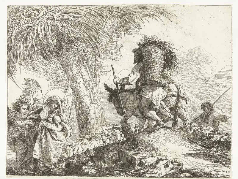 Maria met Kind ondersteund door engel en Jozef leidt ezel langs herder met schapen Wall Art by Unknown - High-Resolution Digital Print