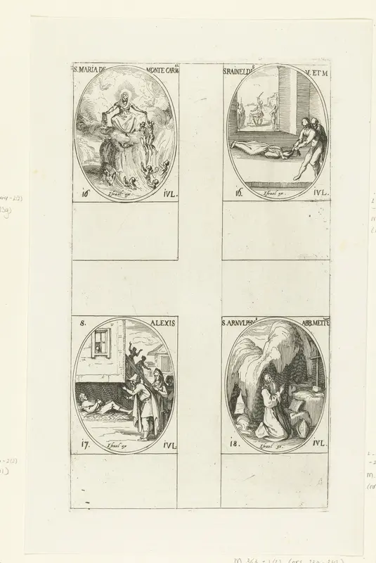 Maria van de berg Karmel, Heilige Reinhildis van Kontich, Heilige Alexius van Edessa, Heilige Arnoldus van Metz (16-18 juli) Wall Art by Jacques Callot - High-Resolution Digital Print