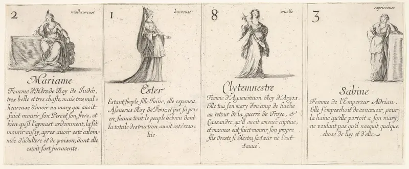 Mariame, Ester, Clytemnestre, and Sabine, from "The Game of Queens" (Le Jeu des Reines Renommées) Wall Art by Stefano della Bella - High-Resolution Digital Print