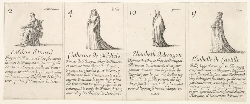 Marie Stuard, Catherine de Medicis, Elisabeth d' Arragon, and Isabelle de Castille, from "The Game of Queens" (Le Jeu des Reines Renommées) Wall Art by Stefano della Bella - High-Resolution Digital Print
