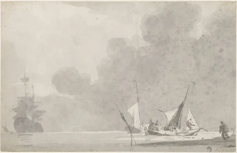 Marine met rechts twee vissersboten, op de achtergrond een tweemaster Wall Art by Johannes Christiaan Schotel - High-Resolution Digital Print