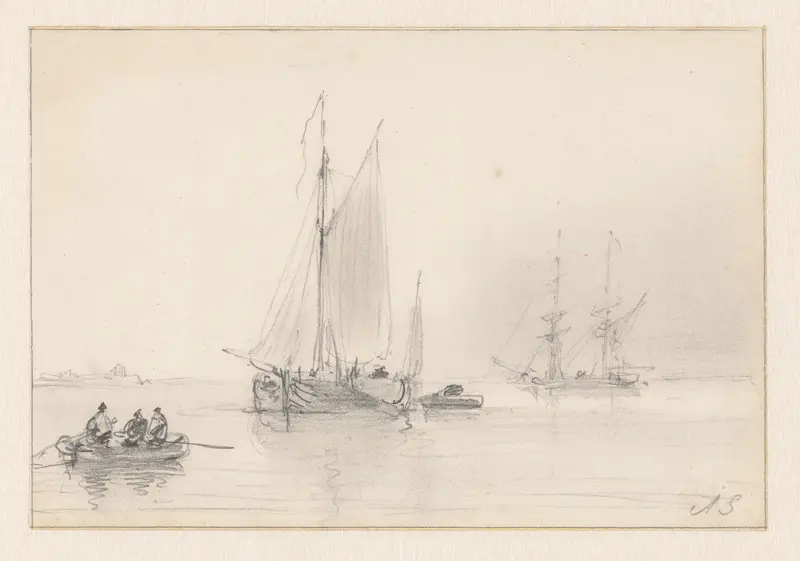 Marine met twee grote zeilschepen en twee roeibootjes Wall Art by Andreas Schelfhout - High-Resolution Digital Print