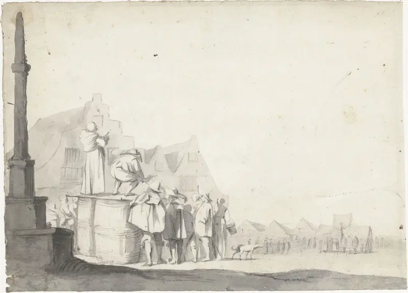 Marktplein met omroeper op een vat Wall Art by Unknown - High-Resolution Digital Print