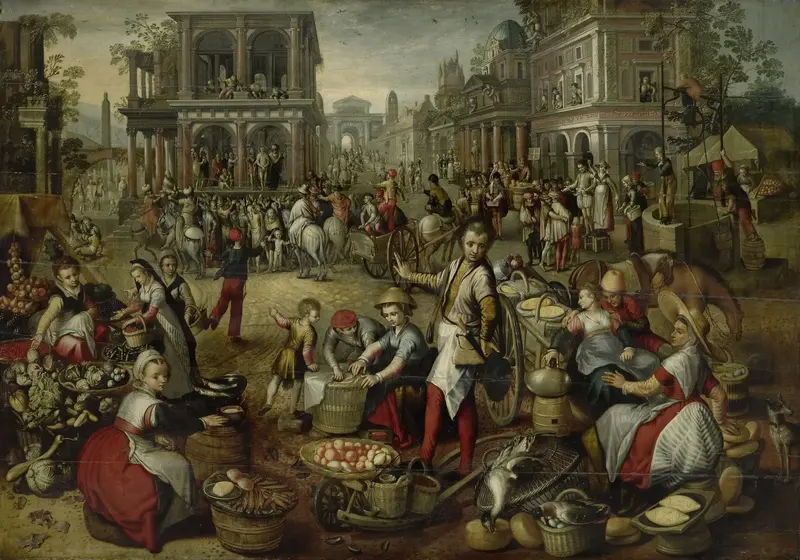 Marktplein, met op de achtergrond de geseling, Ecce Homo en de kruisdraging Wall Art by Unknown - High-Resolution Digital Print