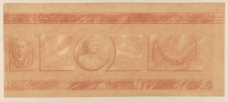 Marmeren rand met Satyrkop, kop met lauwerkrans en guirlande Wall Art by Mattheus Terwesten - High-Resolution Digital Print