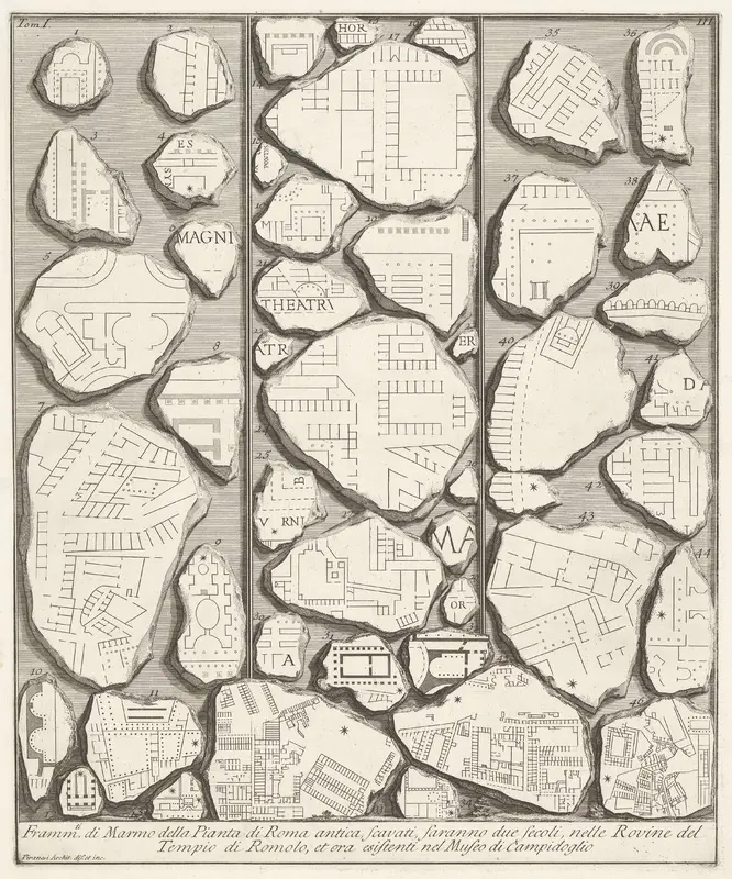 Marmerfragmenten met delen van een plattegrond van Rome Wall Art by Unknown - High-Resolution Digital Print