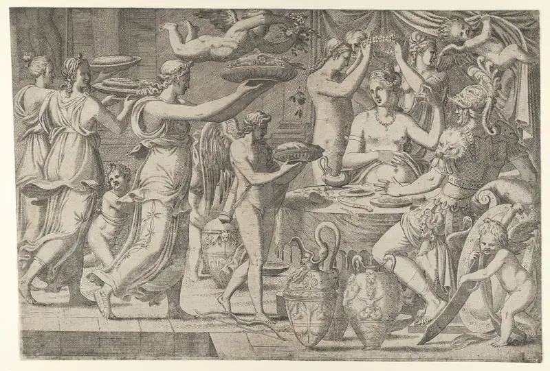 Mars and Venus Being Served at Table by Cupid Wall Art by Léon Davent - High-Resolution Digital Print