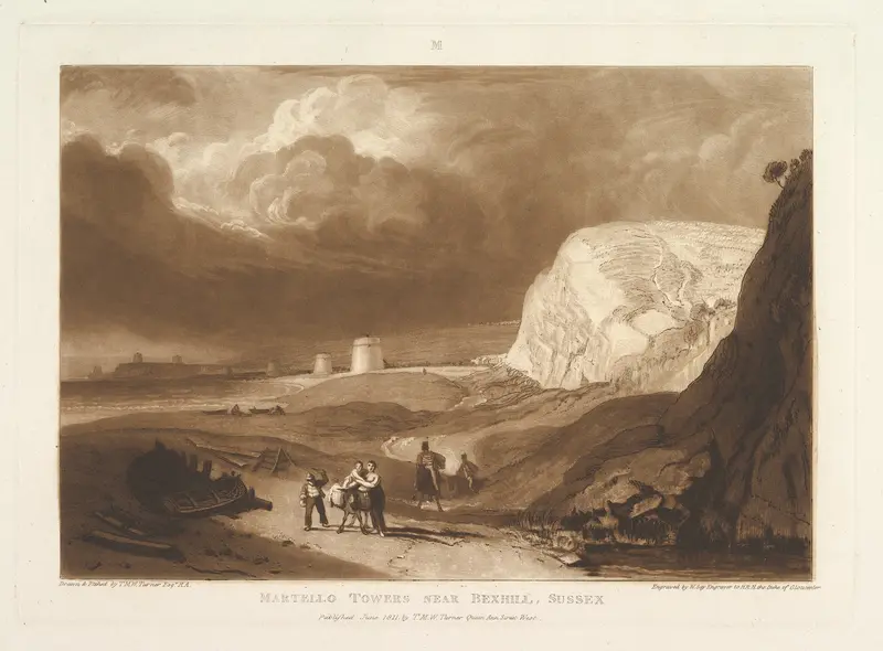 Martello Towers near Bexhill, Sussex, part VII, plate 34 from "Liber Studiorum" Wall Art by Joseph Mallord William Turner - High-Resolution Digital Print