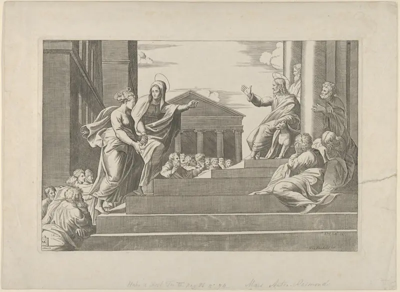 Martha leading Mary Magdalene up a flight of stairs to Christ who is seated at right at the entrance to a temple