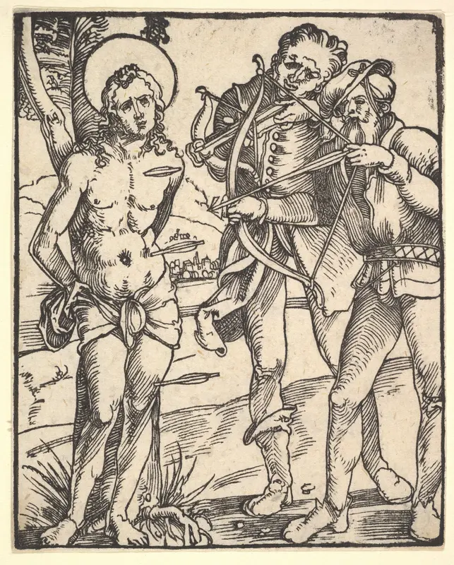 Martyrdom of St. Sebastian with Two Crossbow Men Wall Art by Hans Baldung (called Hans Baldung Grien) - High-Resolution Digital Print