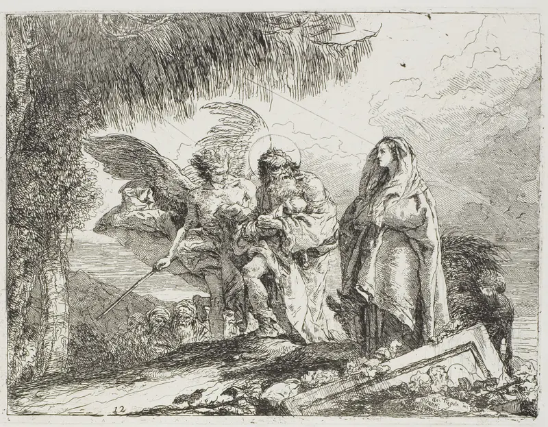 Mary and Joseph, Holding the Child, are Escorted by an Angel, plate twelve from The Flight into Egypt Wall Art by Giovanni Domenico Tiepolo - High-Resolution Digital Print
