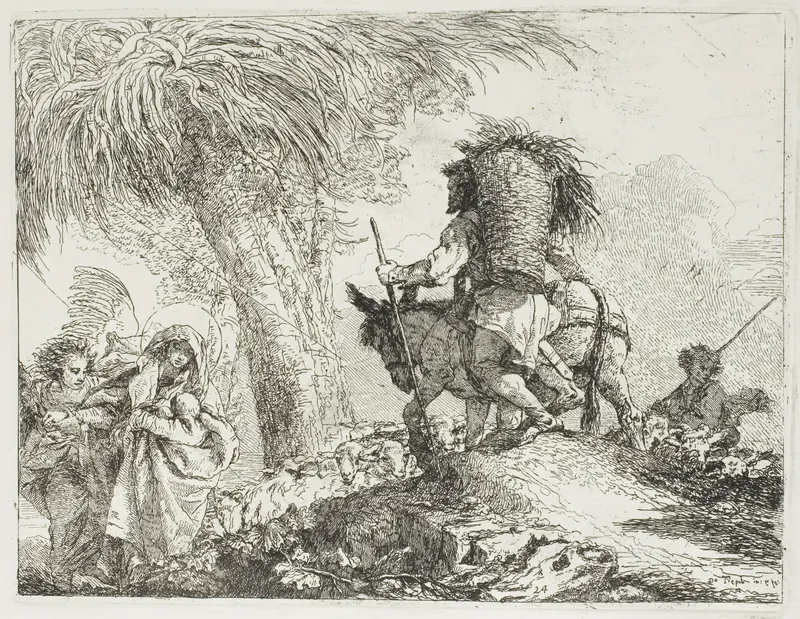 Mary, Helped by an Angel, and Joseph Carrying the Basket, Passing a Flock, plate 24 from The Flight into Egypt Wall Art by Giovanni Domenico Tiepolo - High-Resolution Digital Print