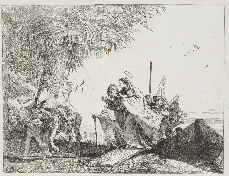 Mary, Helped by Joseph and an Angel, Stepping Out of the Boat, plate eighteen from The Flight into Egypt Wall Art by Giovanni Domenico Tiepolo - High-Resolution Digital Print