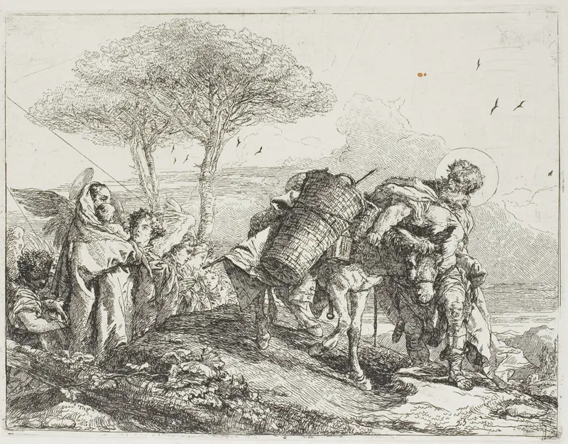Mary, Helped by Two Angels, Follows Joseph with the Donkey, plate 25 from The Flight into Egypt Wall Art by Giovanni Domenico Tiepolo - High-Resolution Digital Print