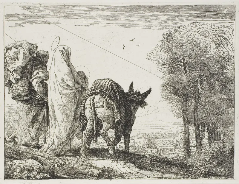 Mary Holding the Child in Her Arms and Joseph with the Basket, plate ten from The Flight into Egypt Wall Art by Giovanni Domenico Tiepolo - High-Resolution Digital Print
