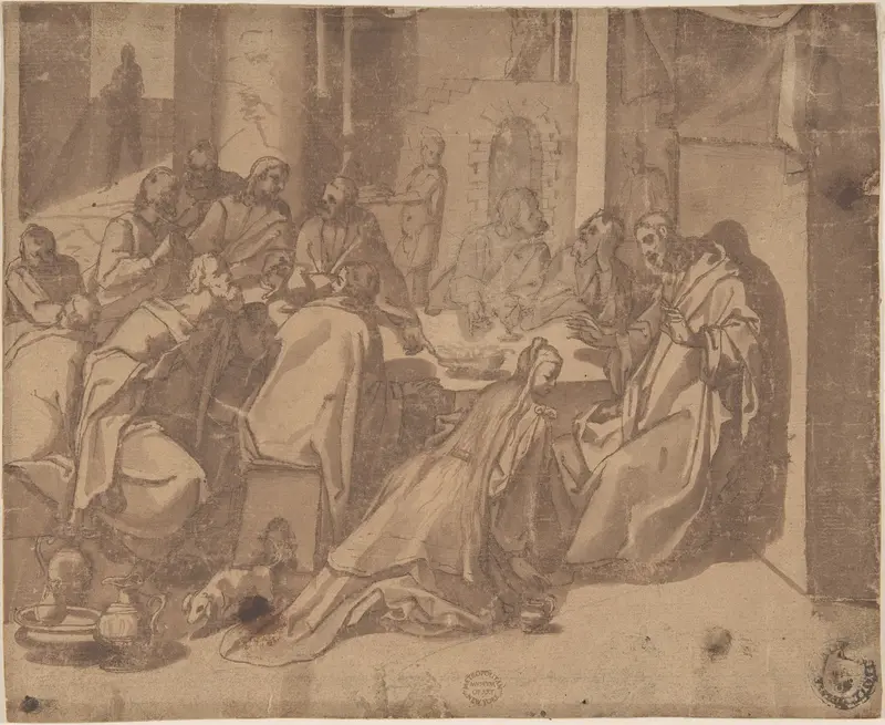 Mary Magdalen Annointing the Feet of Christ Wall Art by Raffaellino da Reggio (Raffaello Motta) - High-Resolution Digital Print