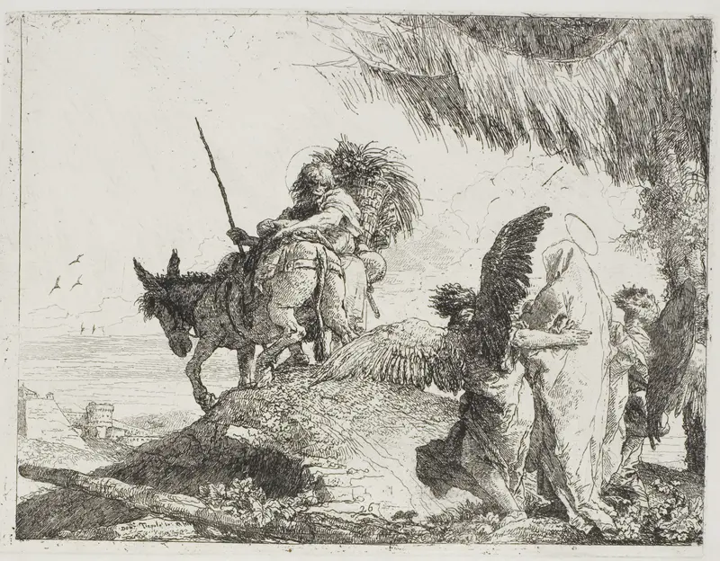 Mary, Supported by Two Angels, Follows Joseph, plate 26 from The Flight into Egypt Wall Art by Giovanni Domenico Tiepolo - High-Resolution Digital Print