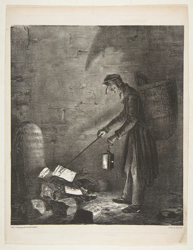 Masked Man using a Lantern to Collect Discarded Pamphlets by a Tombstone, from "Le Charivari" Wall Art by Benard - High-Resolution Digital Print