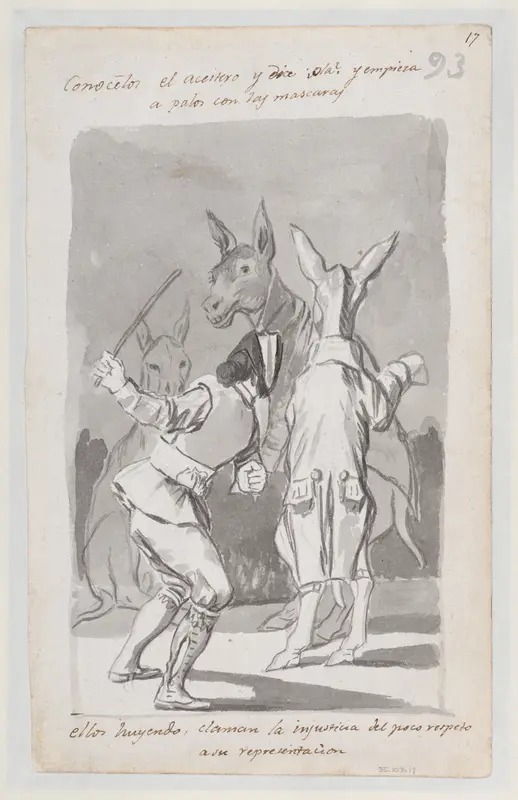 Masquerading asses being whipped; folio 93 (recto) from the Madrid Album "B"