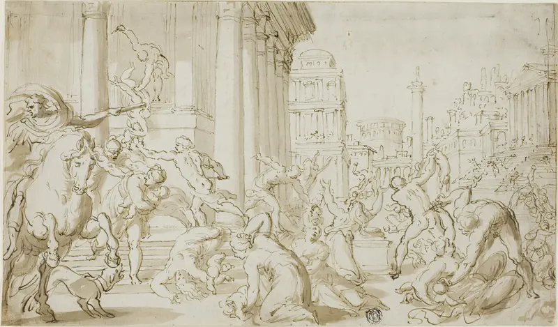 Massacre of the Innocents (recto); Figure Sketches (verso) Wall Art by School of Nicolas Poussin - High-Resolution Digital Print