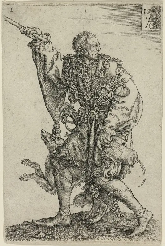 Master of Ceremonies with a Dog, plate one from the Large Wedding-Dancers Wall Art by Heinrich Aldegrever - High-Resolution Digital Print