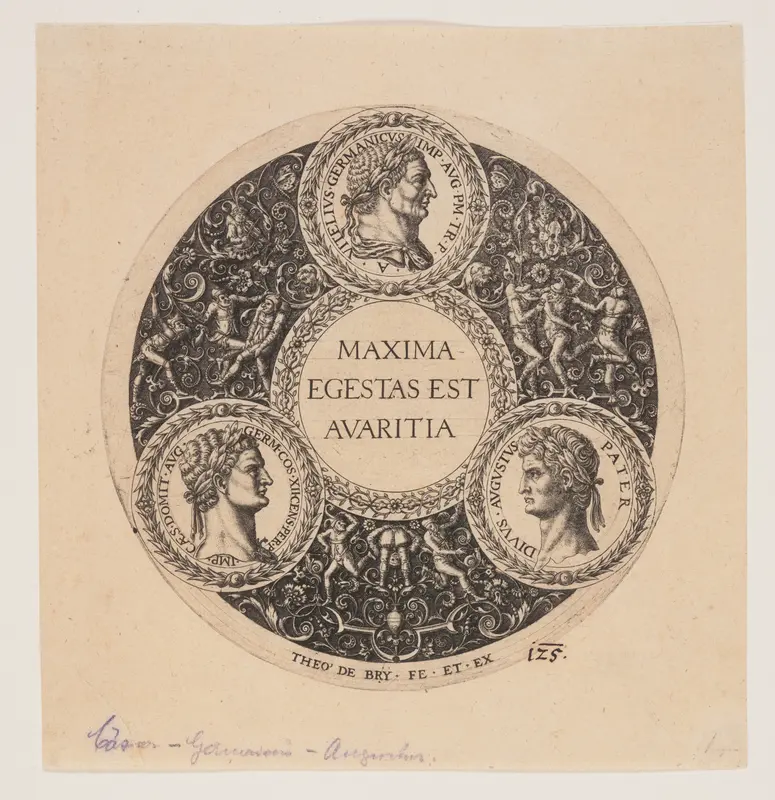 Maxima Egestas Est Avaritia, Design for a footed dish Wall Art by Johann Theodor de Bry - High-Resolution Digital Print