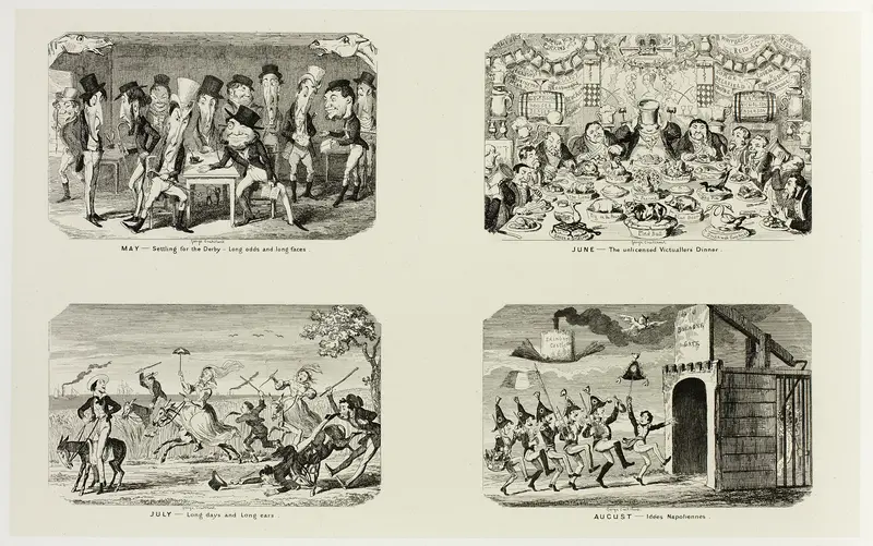 May - Settling for the Derby - Long Odds and Long Faces from George Cruikshank's Steel Etchings to The Comic Almanacks: 1835-1853 (top left) Wall Art by George Cruikshank - High-Resolution Digital Print