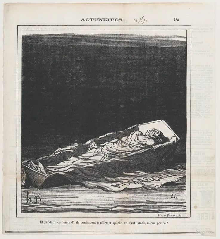 Meanwhile they keep on insisting that she has never been better!, from 'News of the day,' published in Le Charivari, September 24, 1872 Wall Art by Honoré Daumier - High-Resolution Digital Print