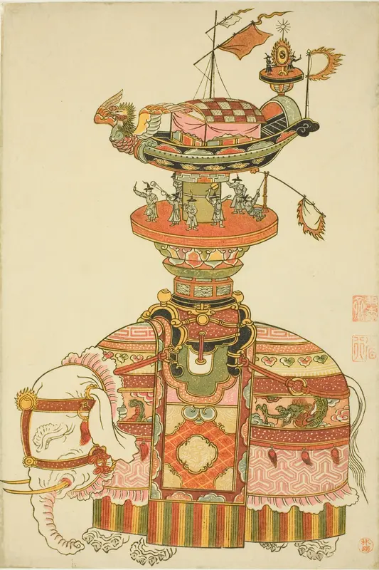 Mechanical Elephant with Festival Barge and Korean Musicians Wall Art by Komatsuya Hyakki - High-Resolution Digital Print