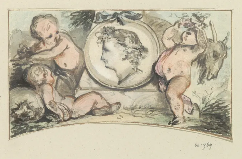 Medaillon met Bacchus omringd door drie putti en een geit Wall Art by Jurriaan Andriessen - High-Resolution Digital Print