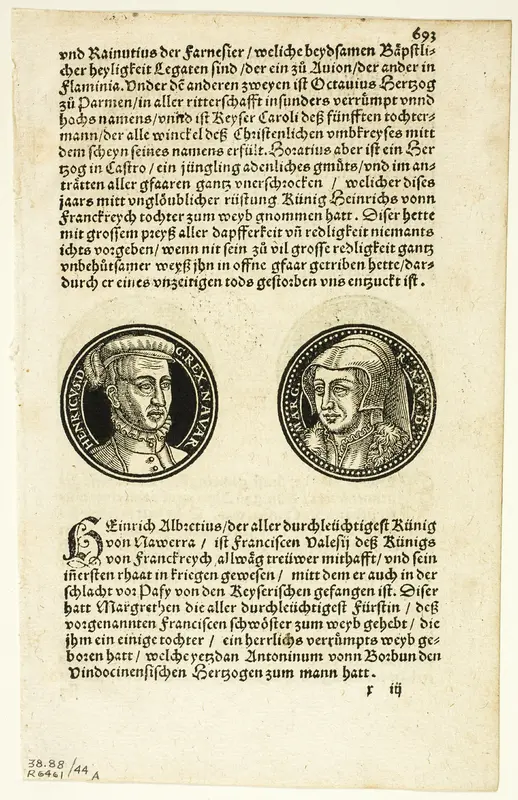 Medallion Portraits of Henry and Margaret of Navarre (recto) and Portraits of Barbarossa and of Muleasem of Tunis (verso) from Bildtnussen der Rhömischen Keyseren, plate 44 from Woodcuts from Books of the XVI Century Wall Art by Hans Rudolf Manuel Deutsch - High-Resolution Digital Print