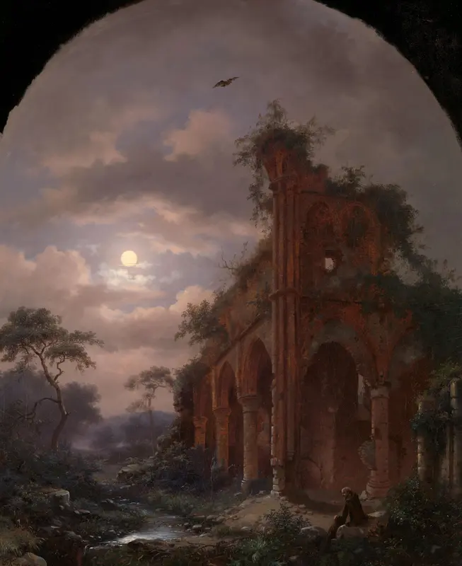 Mediterende monnik bij ruïne in de nacht Wall Art by Unknown - High-Resolution Digital Print