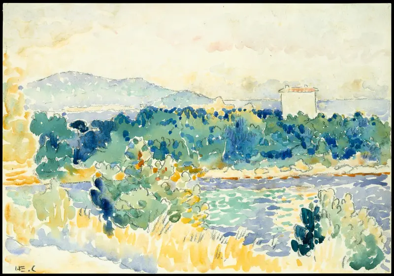Mediterranean Landscape with a White House Wall Art by Henri-Edmond Cross (Henri-Edmond Delacroix) - High-Resolution Digital Print